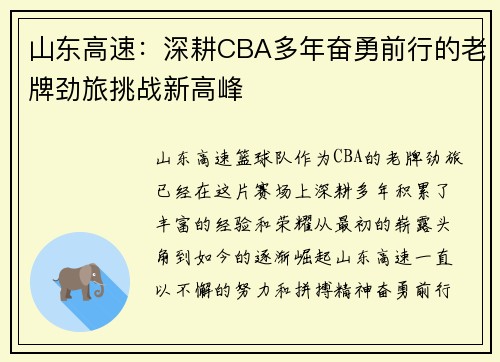 山东高速：深耕CBA多年奋勇前行的老牌劲旅挑战新高峰