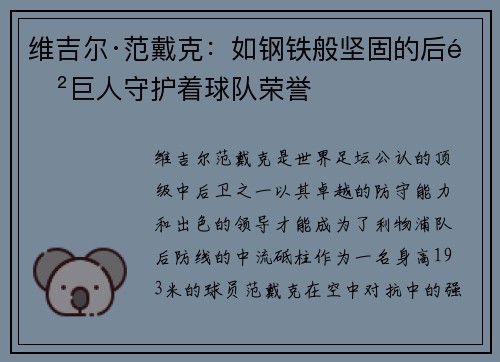 维吉尔·范戴克：如钢铁般坚固的后防巨人守护着球队荣誉